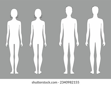 Male and female teenager figure. Front and back silhouette. Fashion croquis template for technical drawing. Outline sketch. Vector illustration.