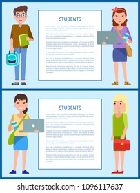 Male and female teenagers set vector illustration characters. Students first year freshman former pupils boys and girls on posters with frame for text