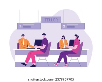 Male and female tellers serving customers making transactions, depositing and withdrawing cash, bank vector illustration.