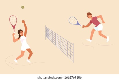 Male and Female tennis players. Woman doing forehand hit and man doing backhand cartoon characters. Athlete in sportswear, sport training concept. Flat Art Vector Illustration