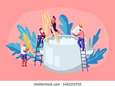 Male and Female Tiny Characters Cooking Pasta, Putting Spaghetti and Dry Macaroni in Huge Pan with Boiling Water Standing on Ladders, Tasty Food Preparing Process, Cartoon Flat Vector Illustration