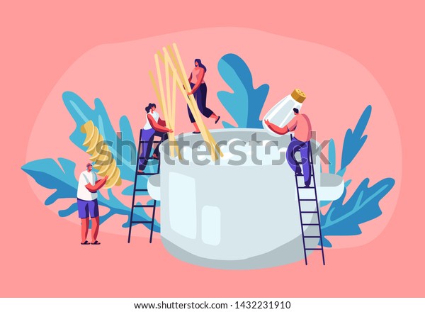 男性と女性の小さなキャラクターの料理パスタ 大鍋にスパゲッティ ドライマカロニを入れ はしごにお湯を立て おいしい料理の作り方 漫画のフラットベクター イラスト のベクター画像素材 ロイヤリティフリー