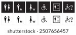 male and female toilet symbols. disabled icon. gender icon. restroom pictogram. Elevator and Escalator public signage. WC signage