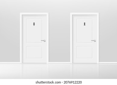 Male and female toilets doors in bright interior. Realistic 3d style vector illustration