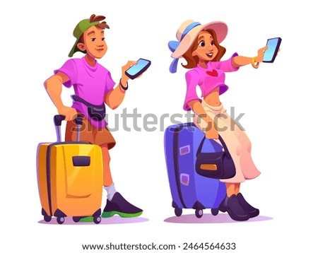 Male and female tourist characters with smartphones isolated on white background. Vector cartoon illustration of young man and woman standing with travel suitcases, using gadget for selfie and booking