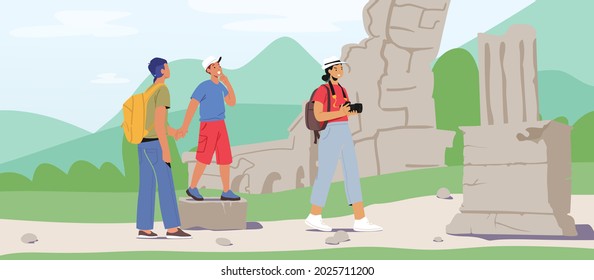 Male and Female Tourist Characters Visit Sightseeing, Make Pictures of Antique Ruins on Photo Camera. Foreign Journey, Travel Agency Service, People on Traveling Excursion. Cartoon Vector Illustration