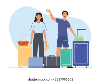 Male and female tourists with lots of suitcases and bags for summer trip with family, happy holiday together. Character design. Vector flat illustration