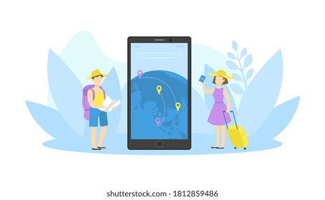 Male and Female Tourists with Luggage Standing in front of Giant Smartphone and Choosing Trip for their Vacation Vector Illustration