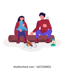 Male and female tourists sit on a log near campfire and fry marshmallows. Man and woman friends together have a picnic at summer evening. Isolated on white. Flat Art Vector Illustration