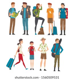 Male and Female Tourists Travelling Set, People Having Summer Travel, Backpacking Trip or Expedition Vector Illustration