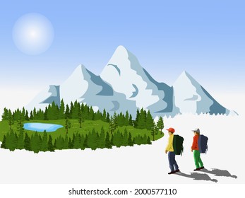 Male and female tourists walking to an oasis with snowy mountains in the background.
