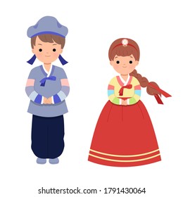 Male and female in traditional korean clothes for chuseok holiday celebration. Major harvest festival in North South Korea. Clip art set isolated on white background. Flat vector cute style.