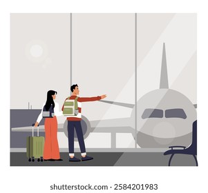 Male And Female Travelers At Airport Window In Flat Vector Illustration Symbolizing Travel, Vacation, And Air Transportation, Isolated On White Background