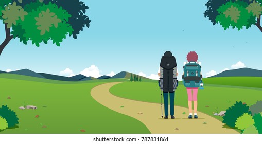 Male and female travelers have a backpack with a mountain backdrop.