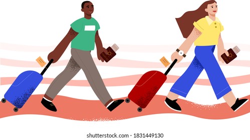 Male and female travelling, going by airport. People of colour and woman going to a trip, vacation.