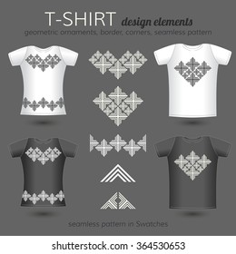 Male and female T-shirt design elements. Vector template of black and white T-shirts. Vector ornaments, border, corners. Seamless pattern in Swatches.
