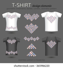 Male and female T-shirt design elements. Vector template of black and white T-shirts. Vector ornaments, border, corners. Seamless pattern in Swatches.