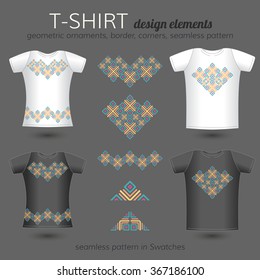 Male and female T-shirt design elements. Ethnic vector ornaments, border, corners. Vector seamless pattern in Swatches.