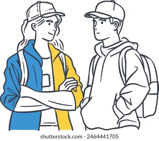 male and female university students, higher education, academia, campus life, learning, line art vector illustration, modern line art minimal color