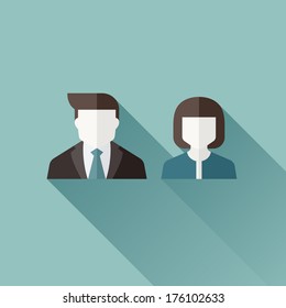 Male and female user icons. Flat vector design with long shadow