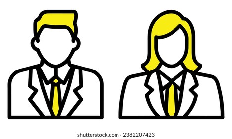 Male and female user icons, yellow hair style, yellow neck tie, flat vector illustration isolated