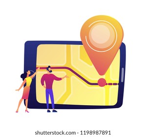 Male and female users looking at tablet screen with map and location pin vector illustration.