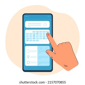 Male or female using planning app. Person checking points in app. Clock, lists. Planning, modern technology concept for banner, website design or landing web page