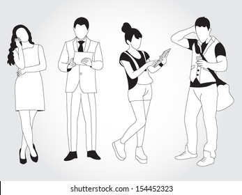 Male and female using smart phones and tablets illustration