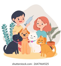 A male and female veterinarian holds syringes and a large number of dogs and cats sit in front of them.