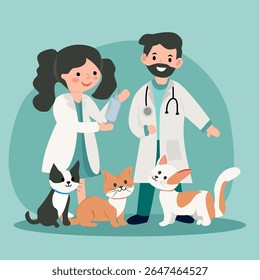 A male and female veterinarian holds syringes and a large number of dogs and cats sit in front of them.