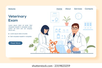 Male, female veterinarians with dog and cat examining cute animals on pet hospital background. Veterinary exam landing page. Flat line website template. Vet clinic internet page vector illustration.