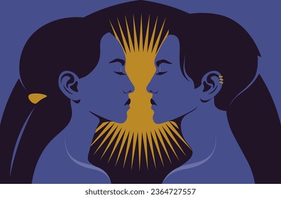 Male and female view in profile. Trans transition and gender reassignment. LGBTQIA. A portrait of a non-binary persona. Vector flat illustration