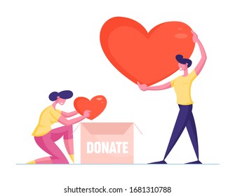 Male and Female Volunteer Characters Put Hearts in Cardboard Donation Box for Help to Poor People in Shelter, Support Social Care. Volunteering and Charity Concept. Cartoon People Vector Illustration