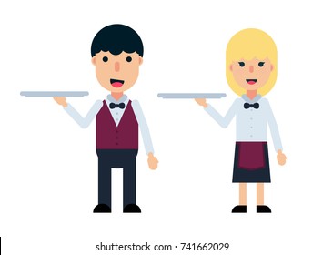 Male and female waiter and waitress set isolated on white background.  Flat man and woman profession characters
