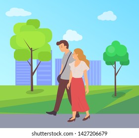 Male and female walking together in green city park, cartoon characters. Vector guy and blonde girl in long red skirt, dating man and woman, summer or spring
