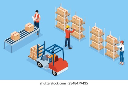 A Male and Female warehouse worker scans bar codes on newly delivered items to examine them and determine where they should be placed in the storage department. Vector illustration EPS 10