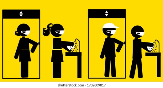 Male and female wash hand and use elbow to press elevator button. Disease prevention method. Personal hygiene. Icon Illustration vector. New normal concept. 