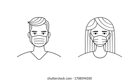 Male and female wearing medical face protection mask. Man and women user portraits, people avatars in medical face mask