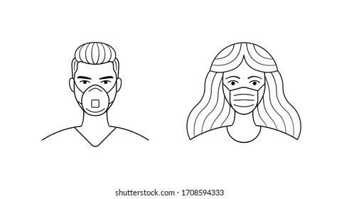 Male and female wearing medical face protection mask. Man and women user portraits, people avatars in medical face mask