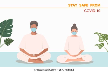 Male and Female wearing surgical face mask and meditate calm the mind pray for Covid-19 Disappear from this world vector