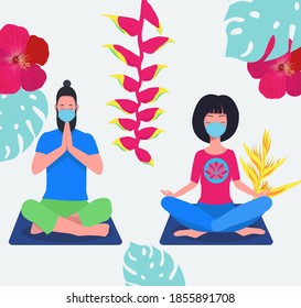 Male and Female wearing surgical face mask and practicing meditation yoga on nature background. Couple doing yoga with face mask on sitting in padmasana lotus pose relaxing. Covid-19 prevention.