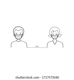 Male and female wearing surgical mask and doing social distancing to prevent virus spreading. Icon doodle