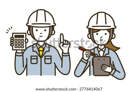 Male and female worker pair presenting estimate and recording contract with calculator and clipboard wearing workwear tie and blouse