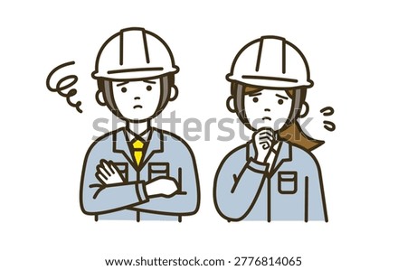 Male and female worker pair thinking and worrying while considering estimate wearing workwear tie and blouse