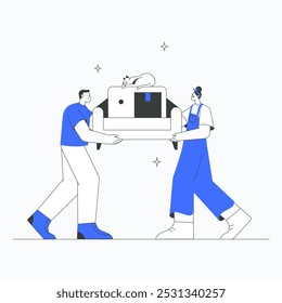 Male and female workers carrying a sofa in flat vector illustration symbolizing teamwork, home moving, and professional relocation, isolated on white background.