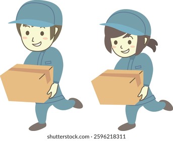 Male and female workers delivering cardboard boxes