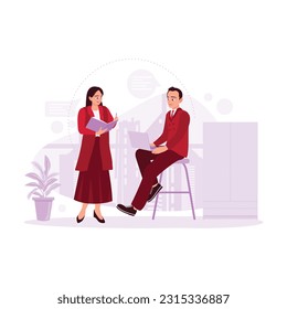 Male and female workers discuss business projects in the office, and female workers take notes on essential things that male workers convey. Trend modern vector flat illustration.