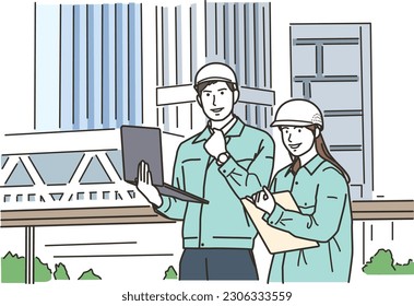 Male and female workers doing a guts pose in front of the building
