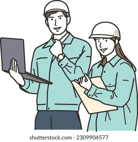 Male and female workers doing guts pose