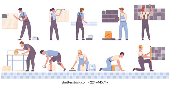 Male and female workers doing tiling work laying ceramic tiles flat set isolated vector illustration